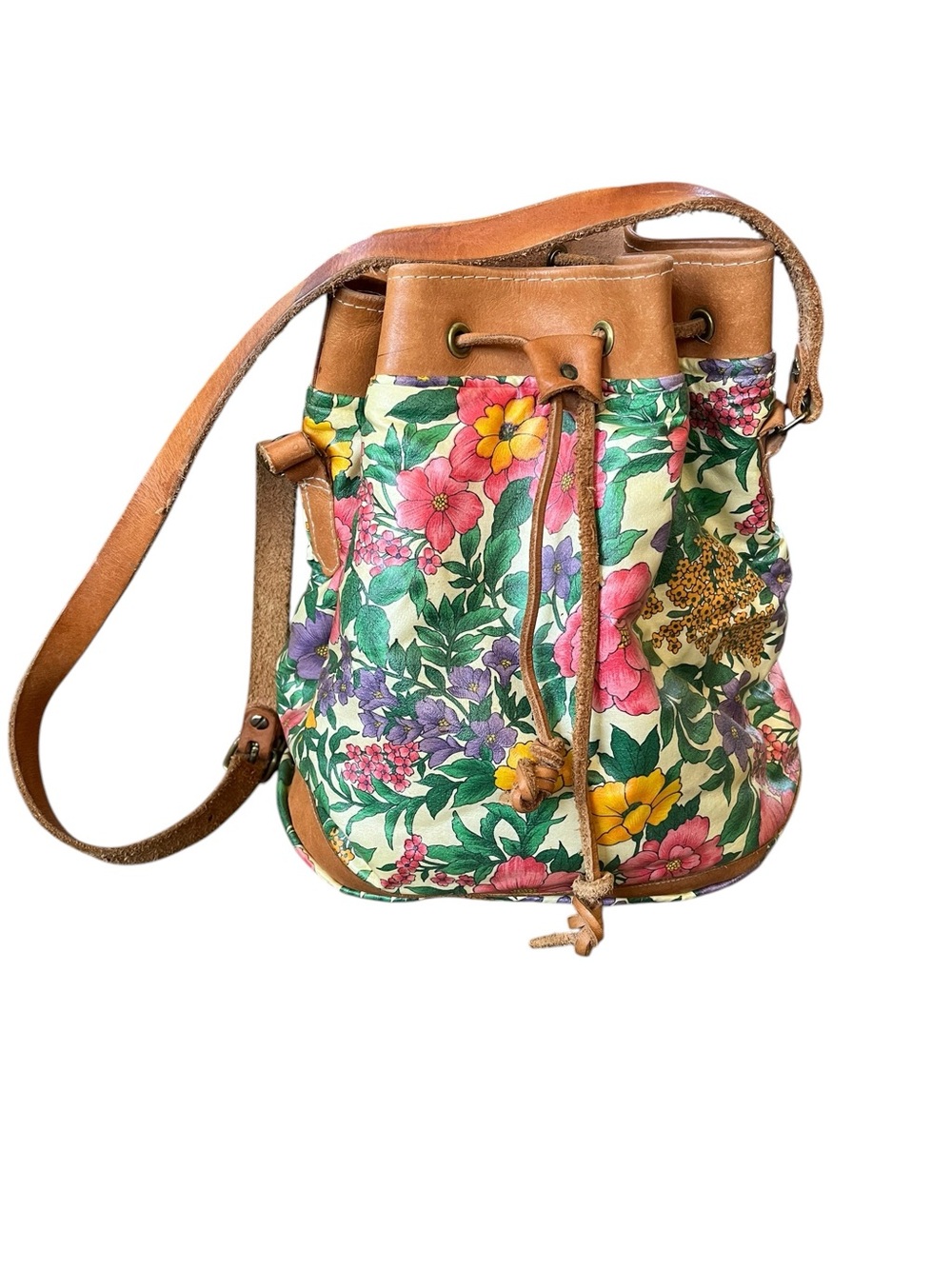 Vintage Floral Leather Drawstring Shoulder Bucket Bag Boho Handbag Purse